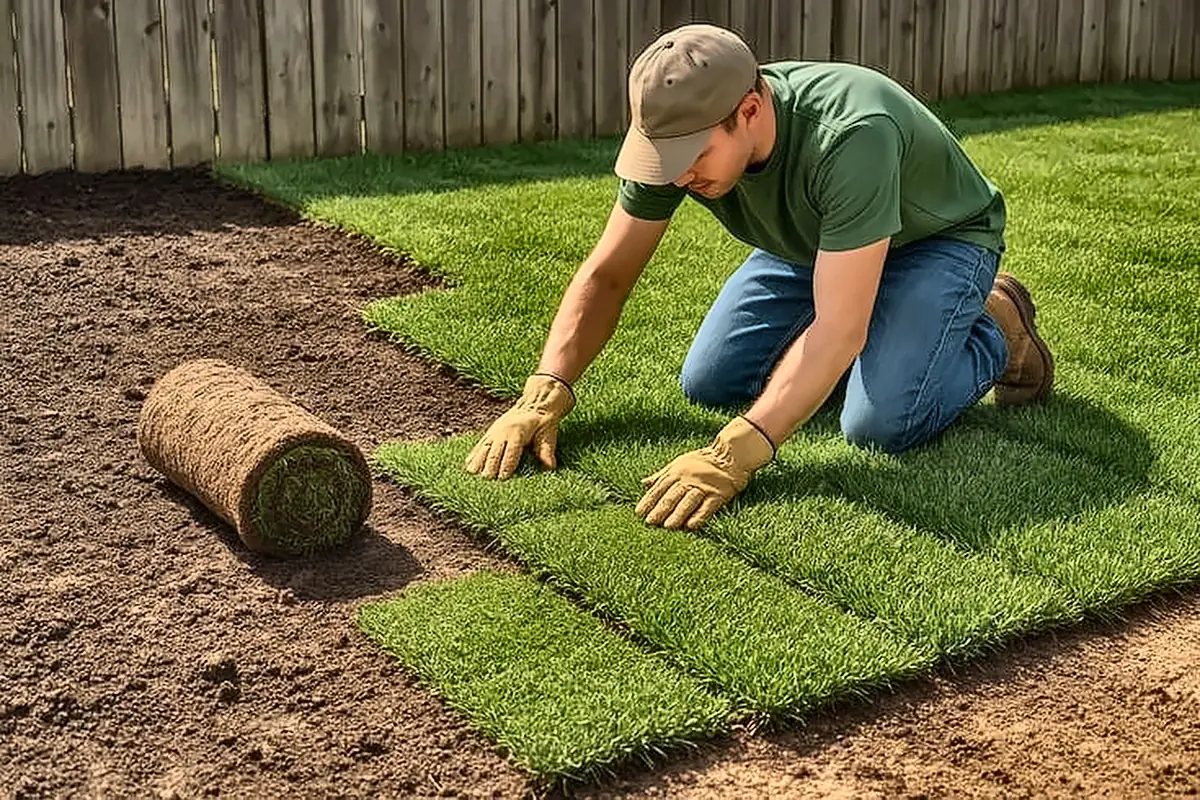 Landscaper laying rolls of natural turf