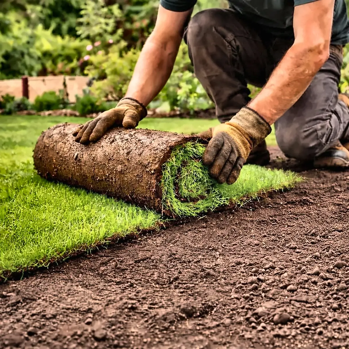 Roll of natural turf being unrolled onto prepared soil