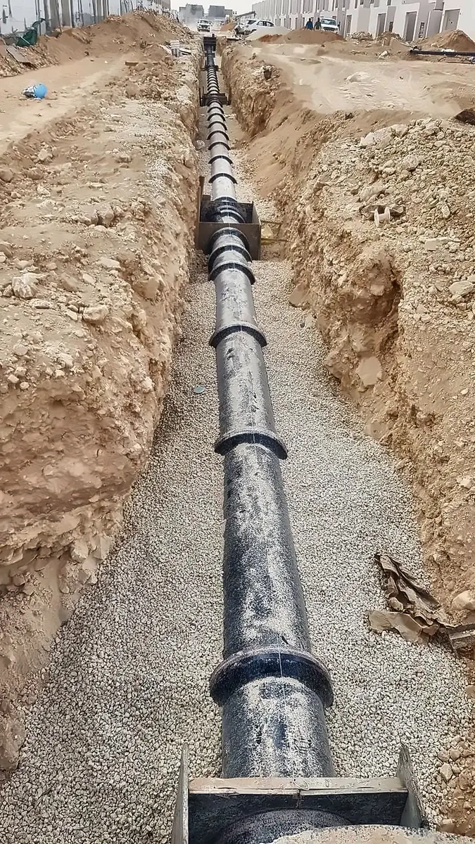 Ductile iron water main laid on a gravel bed in a trench